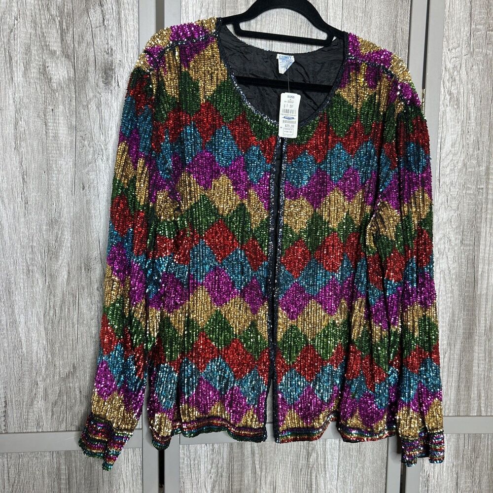 Vtg Gunit Beaded Jacket Size XL Colorful Harlequin Silk
